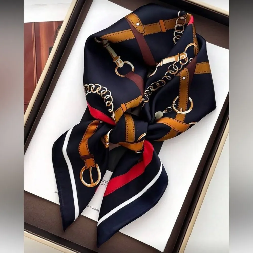 navy Chain & Belt Print Scarf N1286